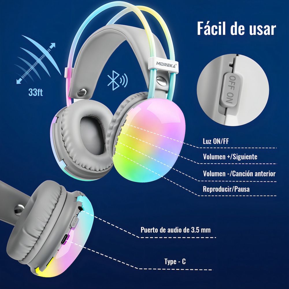 Audífonos Bluetooth 5.3 Moreka BL029 16 horas de musica iluminación RGB