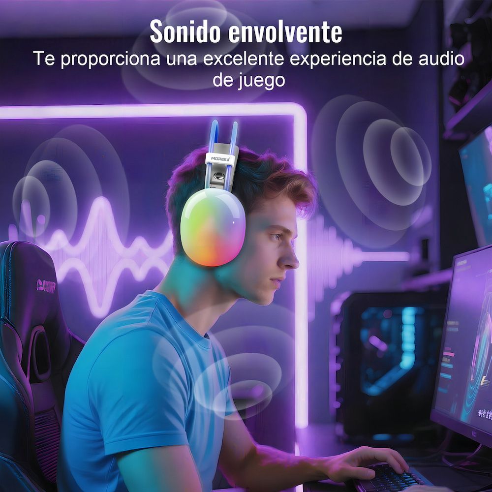 Audífonos Bluetooth 5.3 Moreka BL029 16 horas de musica iluminación RGB