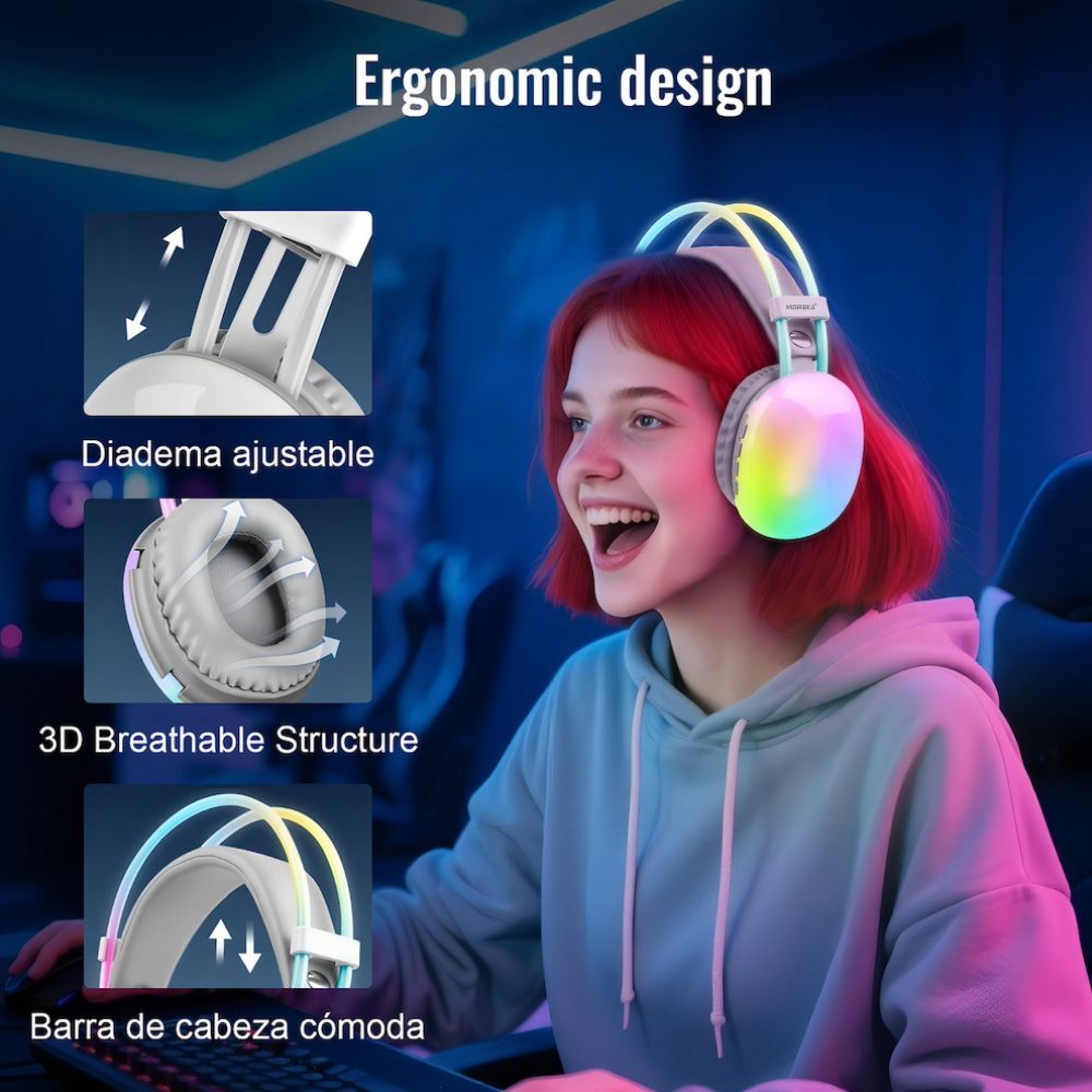 Audífonos Bluetooth 5.3 Moreka BL029 16 horas de musica iluminación RGB