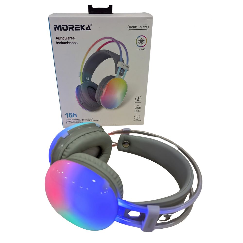 Audífonos Bluetooth 5.3 Moreka BL029 16 horas de musica iluminación RGB