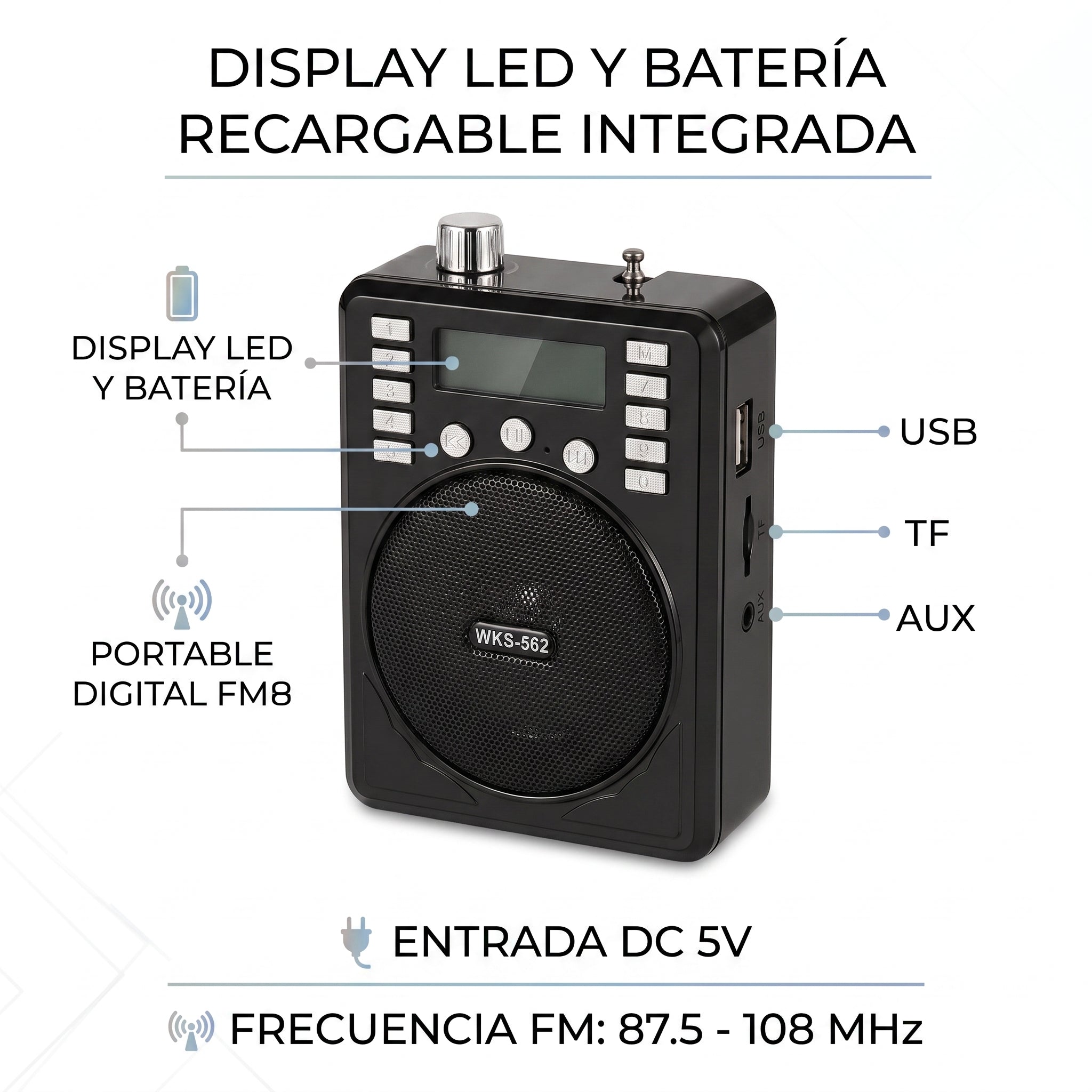 Bocina Radio Megáfono Multi-Función Büytiti WKS-562 USB, Micro SD y FM
