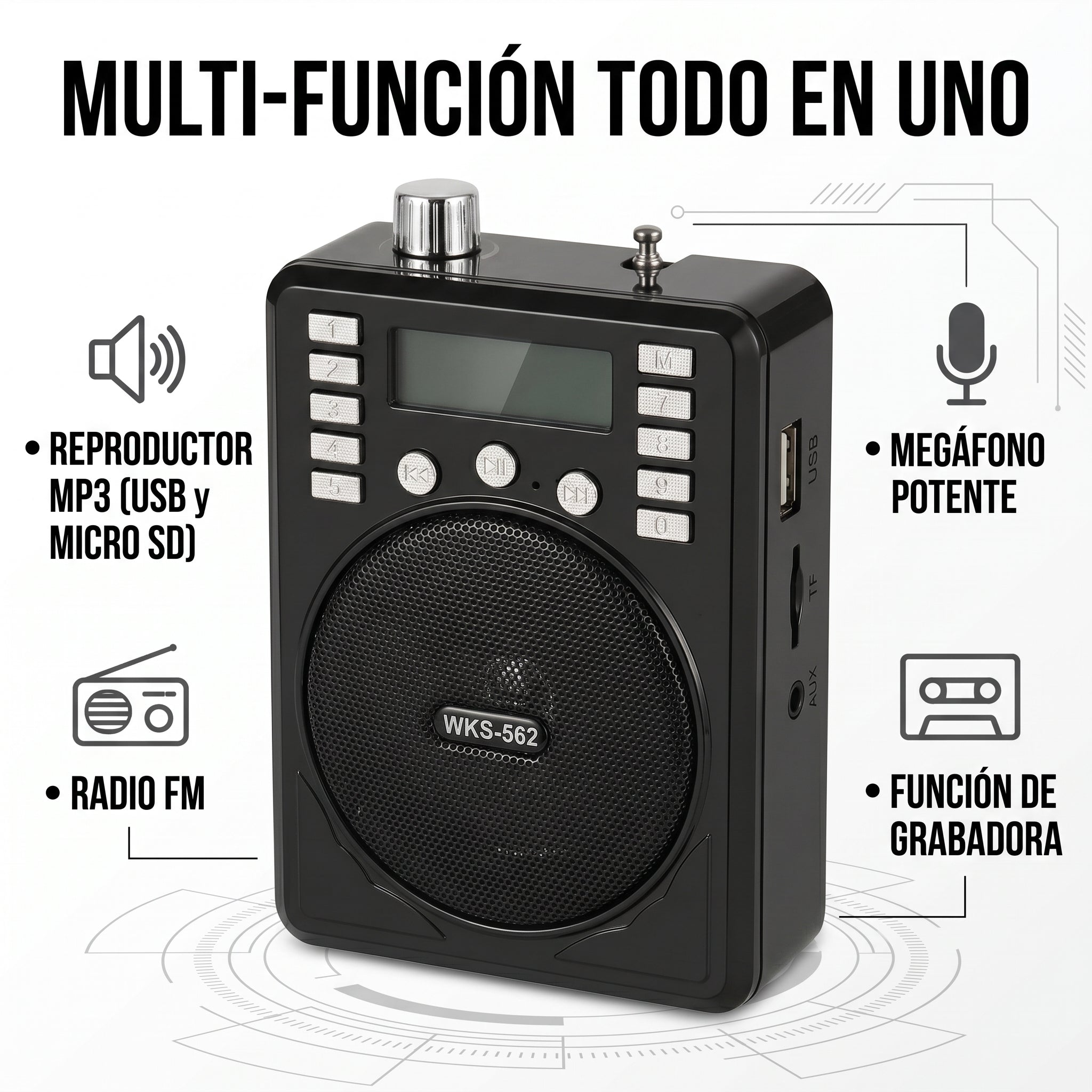 Bocina Radio Megáfono Multi-Función Büytiti WKS-562 USB, Micro SD y FM