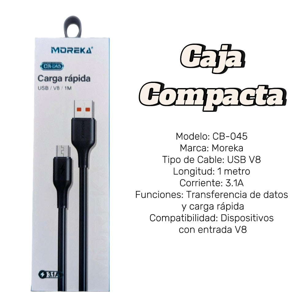 Cable Tipo V8 Micro USB, Moreka CB-045 3.1A 1 M.