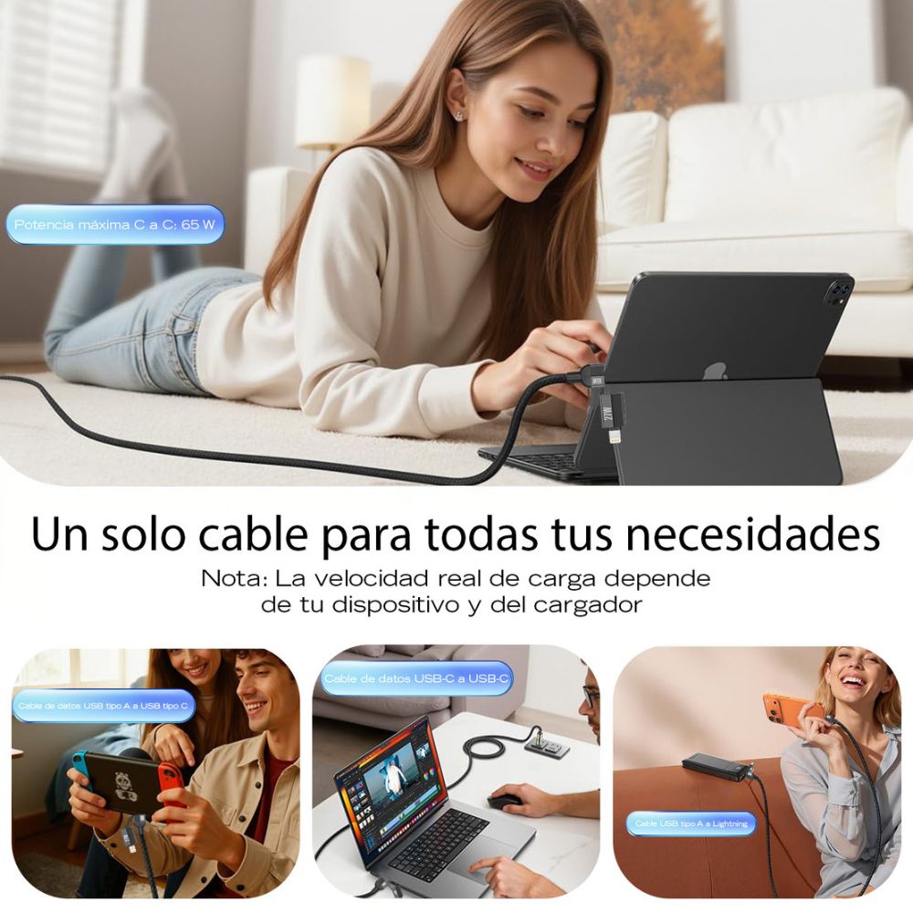 Cable Moreka 4 En 1 Cable Datos 65W en C 27W en IP 1.2m Para Iphone Usb Tipo C CB-054