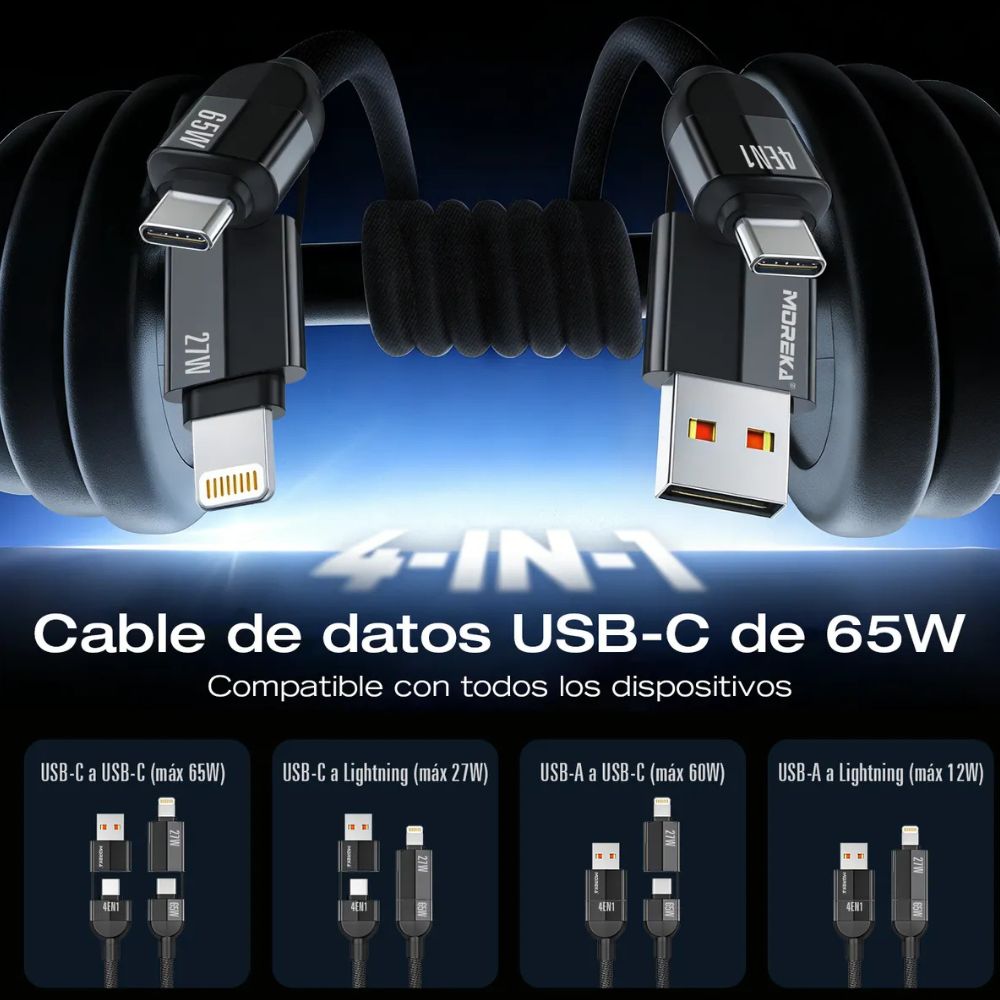 Cable Moreka 4 En 1 Cable Datos 65W en C 27W en IP 1.2m Para Iphone Usb Tipo C CB-054
