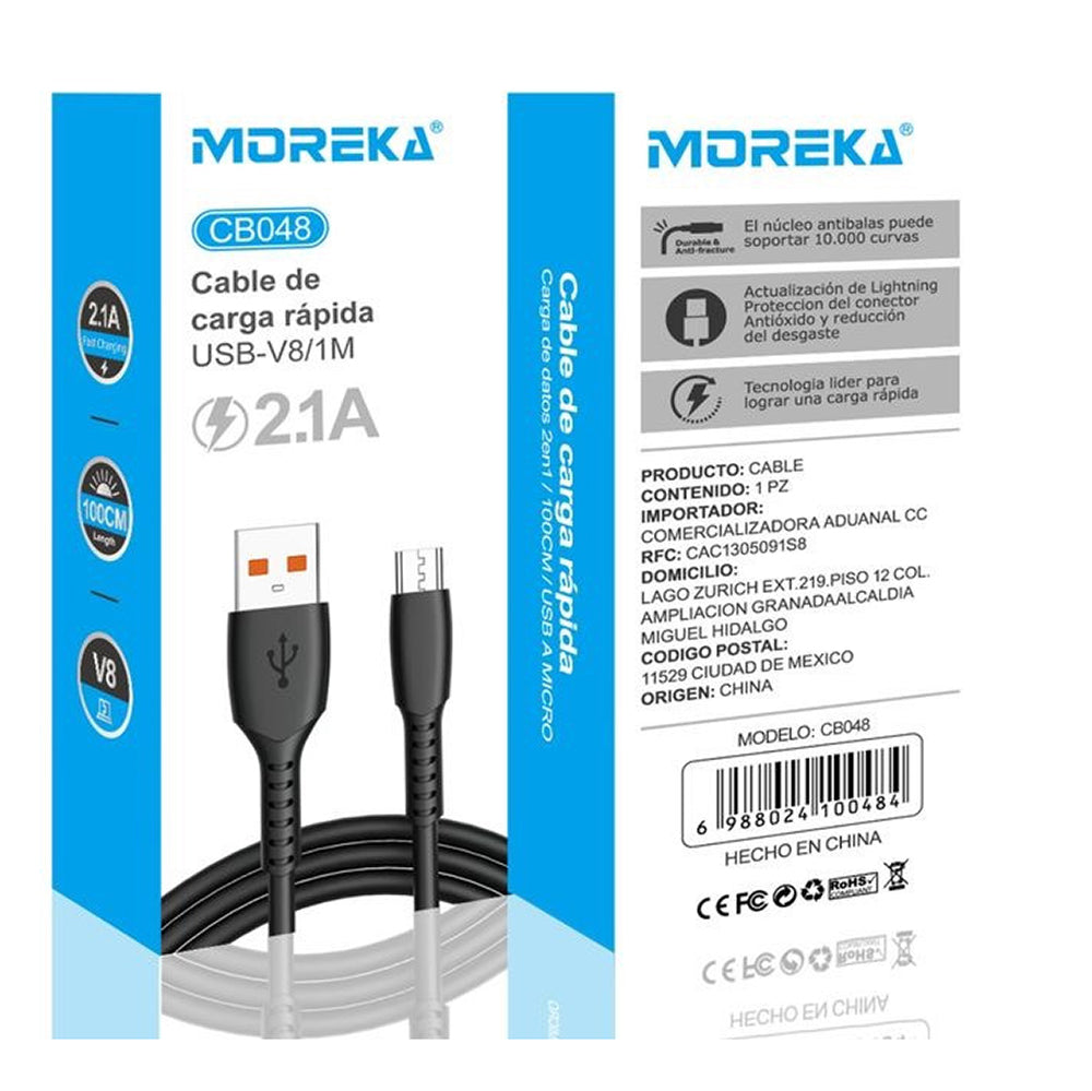 Cable Tipo V8 Micro USB, Moreka CB048 2.1A 1 M.