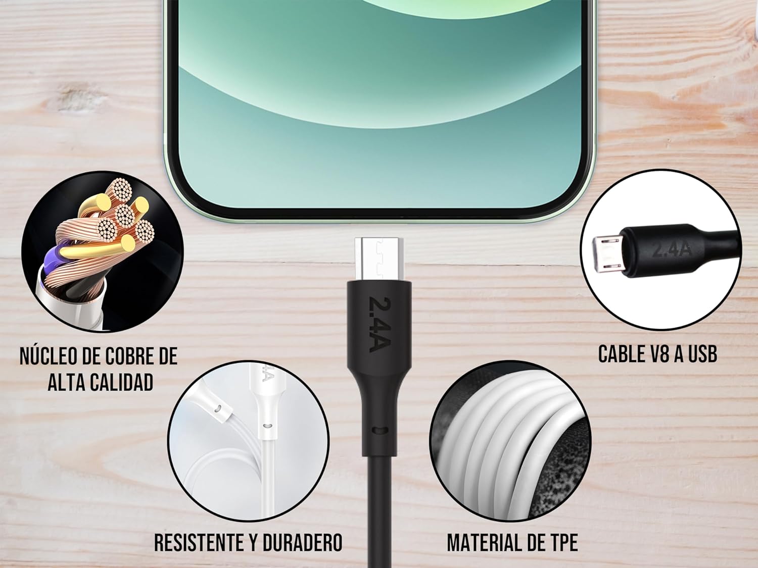 Cable Tipo V8 Micro USB, Moreka CB-35, 2.4 1 M.