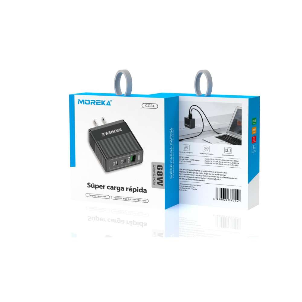 Turbo Cargador 68W 3 puertos C1 22.5W C1 22.5W QC 3.0 23W CC24