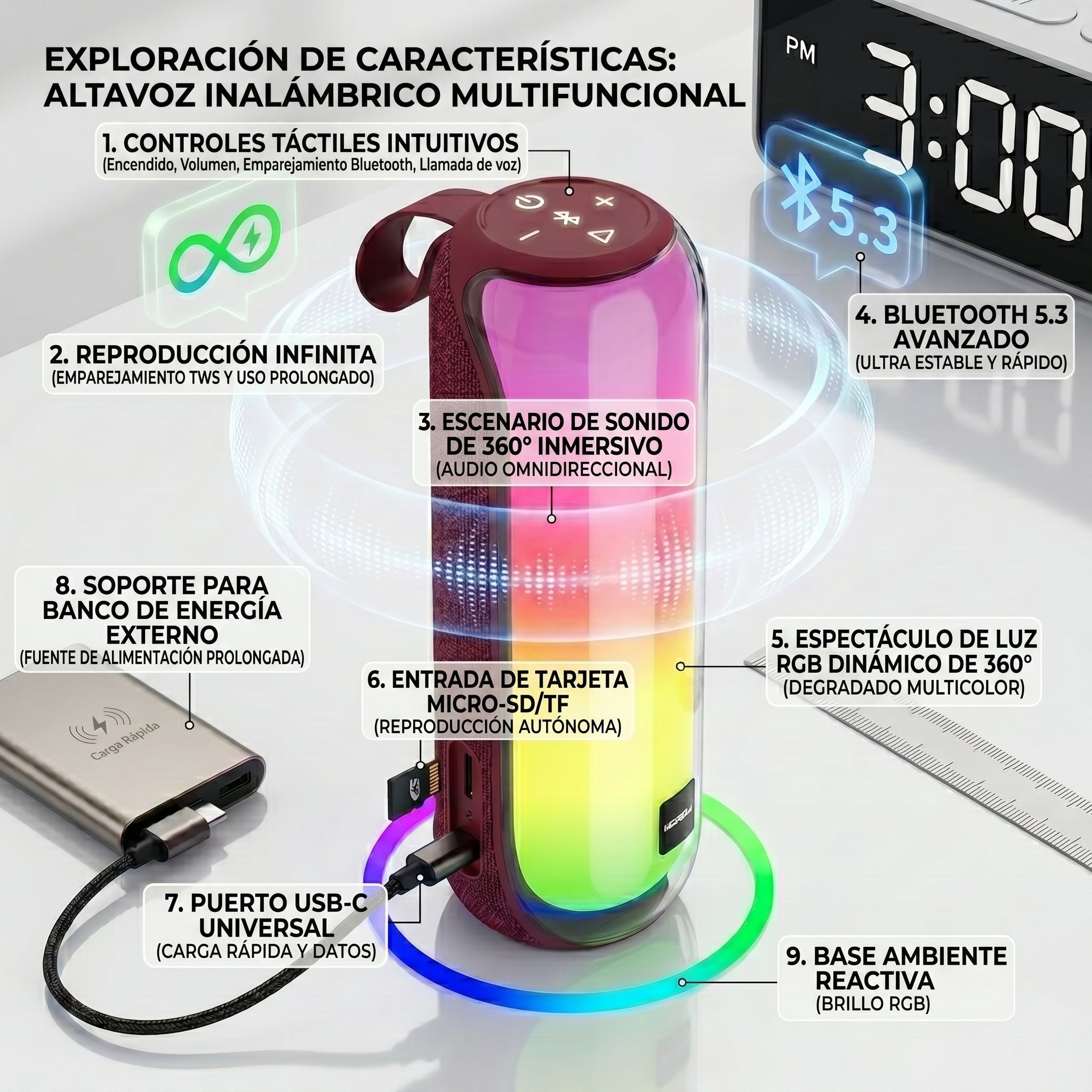 Bocina Moreka 408 14W (2 x 7W) 3000mAh Batería Bluetooth V5.3 IPX5 Resistente al Agua Luz RGB Micrófono Incorporado Radio FM