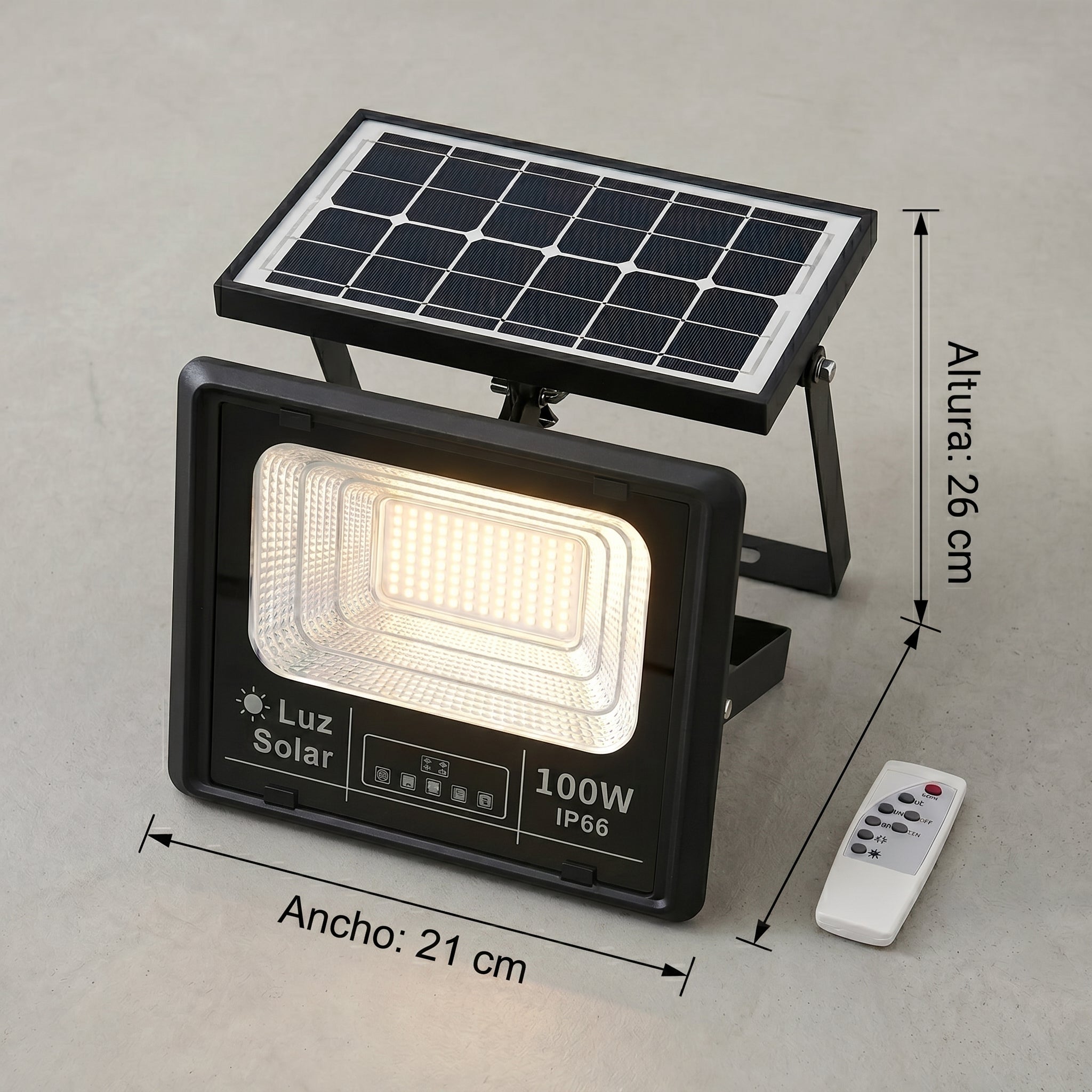 Lámpara Solar 100W MS-100W para Exterior Ilumina Toda la Noche sin Cableado Control Remoto IP66 Resistente a Lluvia y Polvo Ahorro Energético para Jardín o Garaje