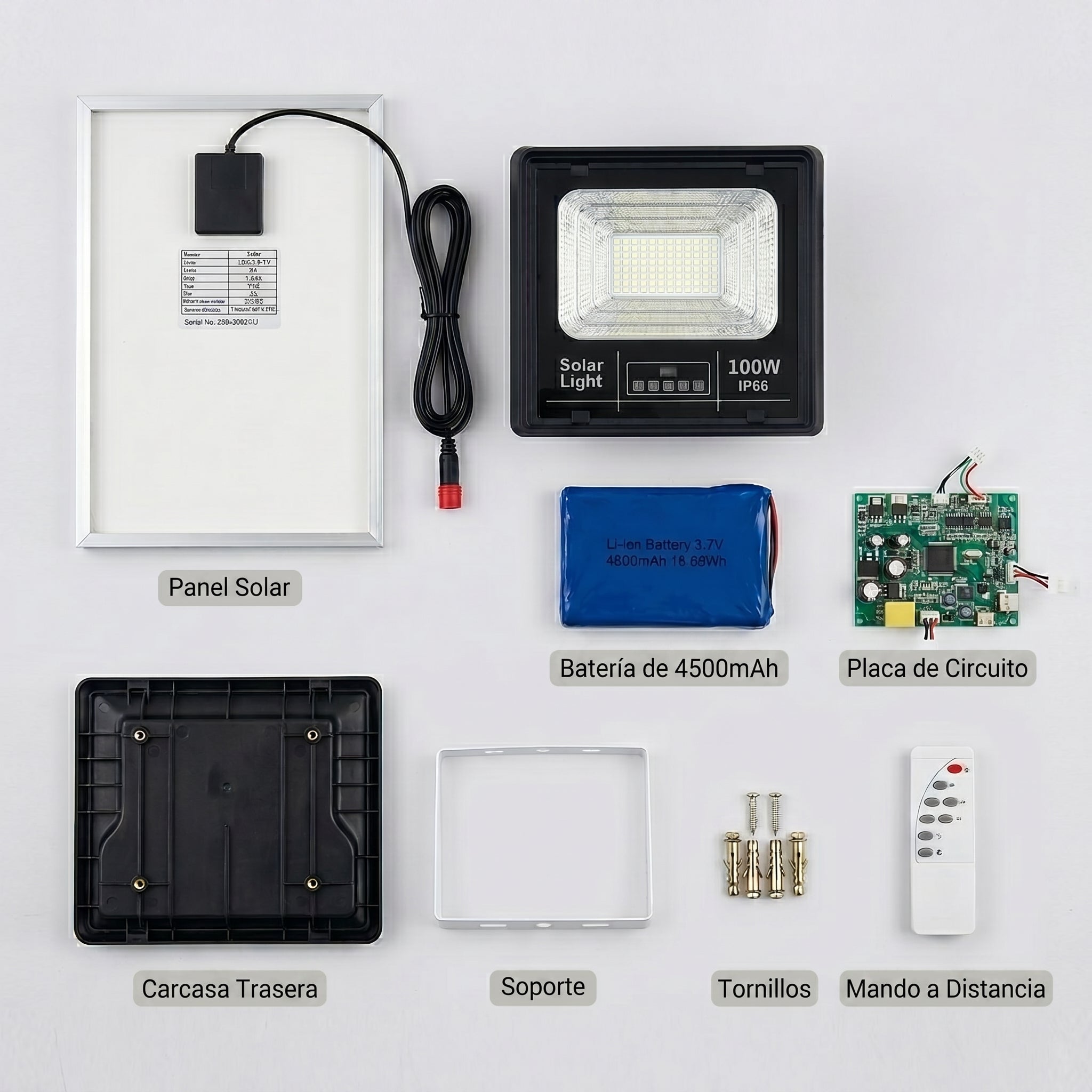 Lámpara Solar 100W MS-100W para Exterior Ilumina Toda la Noche sin Cableado Control Remoto IP66 Resistente a Lluvia y Polvo Ahorro Energético para Jardín o Garaje