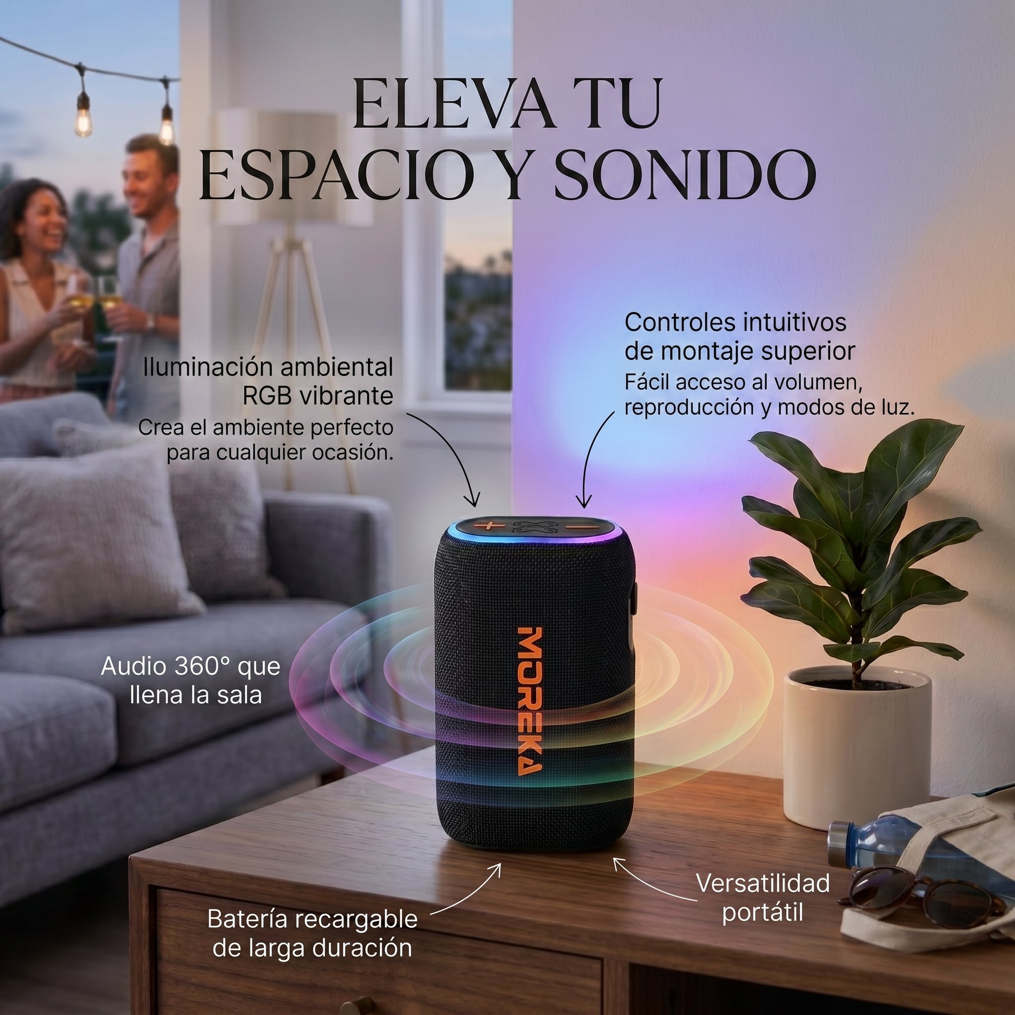 Altavoz Inalámbrico Moreka 442 20W con Batería 10000mAh  46 Horas de Reproducción TWS Estéreo Luz RGB Power Bank y Entrada para Tarjeta TF