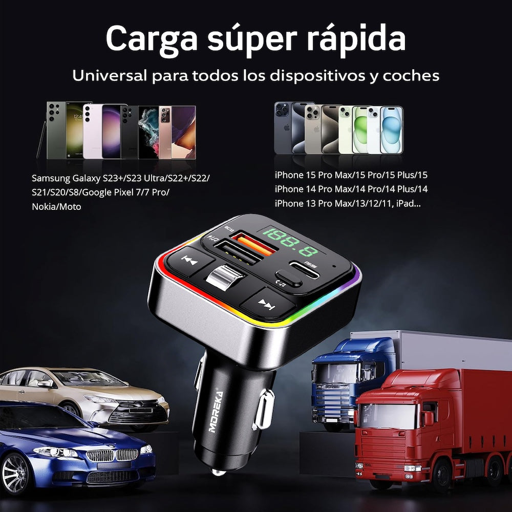 Plug in Reproductor MP3 Transmisor FM Bluetooth Cargador de coche 30W Moreka CP0070B