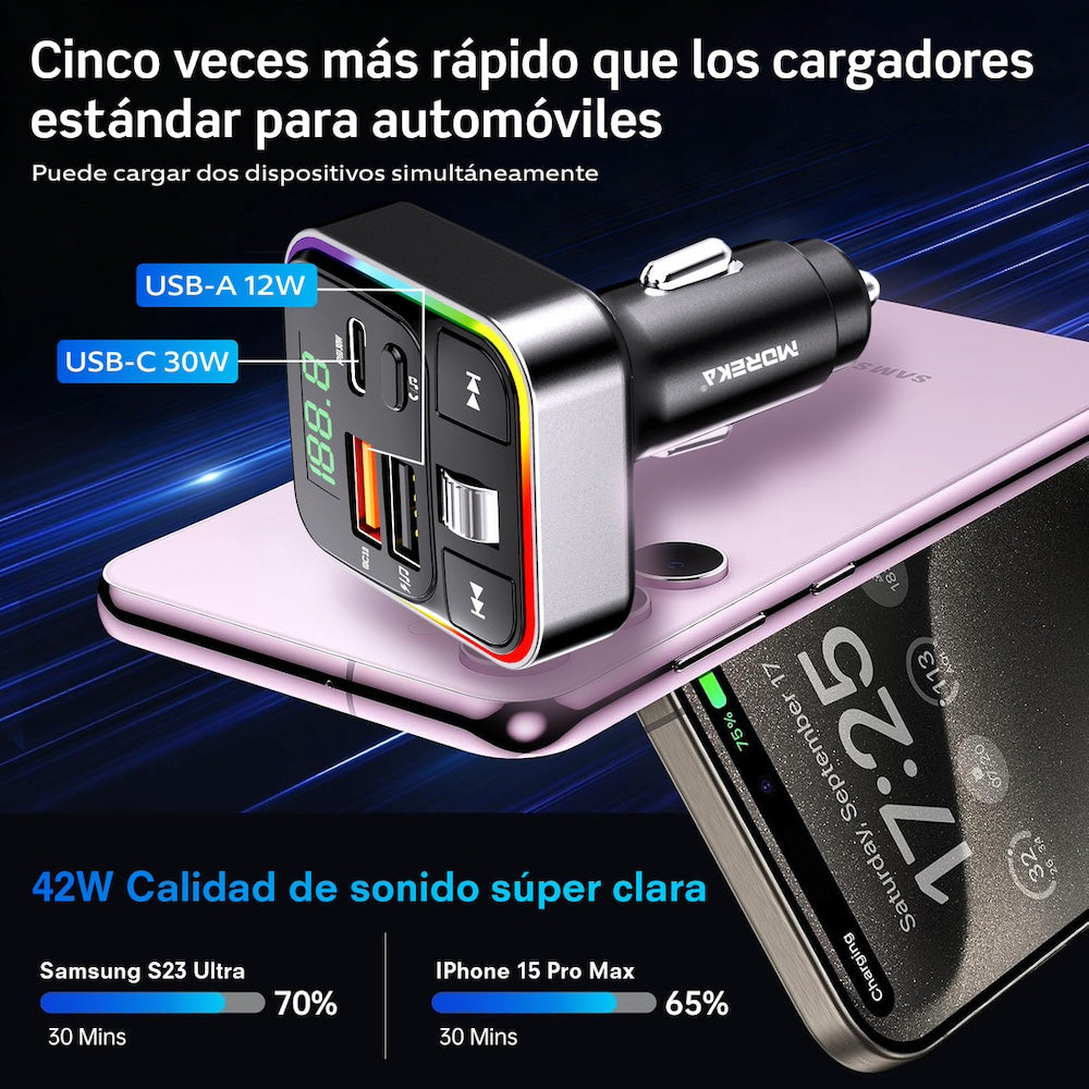 Plug in Reproductor MP3 Transmisor FM Bluetooth Cargador de coche 30W Moreka CP0070B