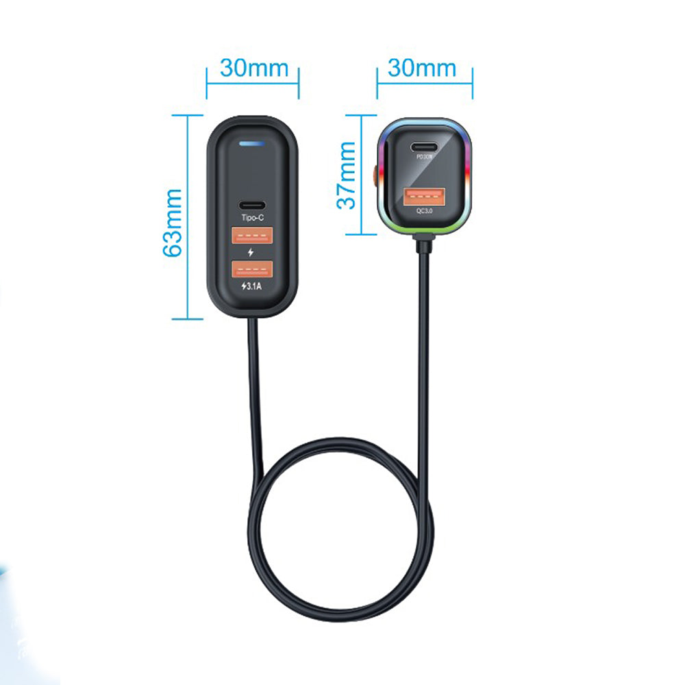 Cargador De Carro Plug In 30W USB-C PD y USB QC3.0 extensión de 1.5mts soporta 5 dispositivos Moreka CP0072