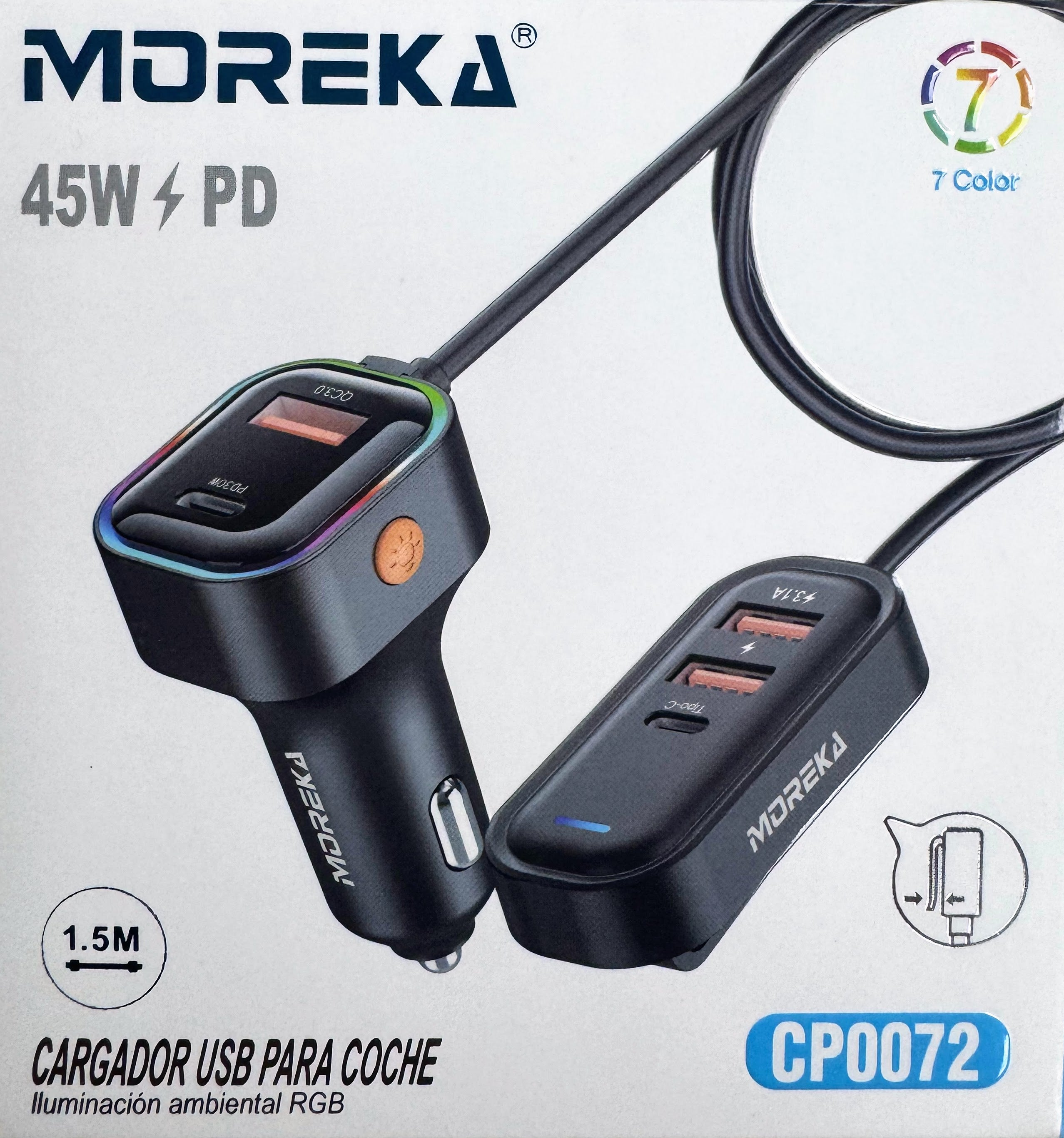 Cargador De Carro Plug In 30W USB-C PD y USB QC3.0 extensión de 1.5mts soporta 5 dispositivos Moreka CP0072