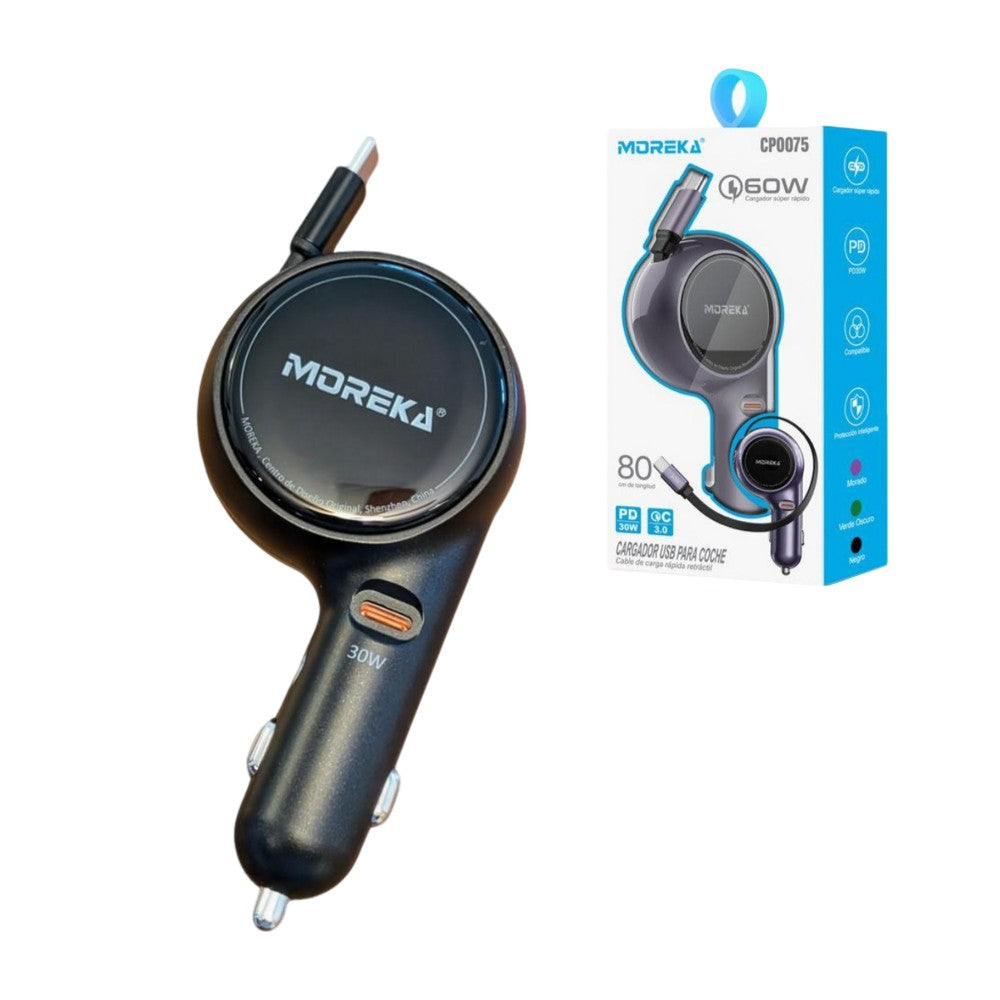 Cargador De Carro retráctil Moreka CP0075 Plug In 60w tipo C 80cm