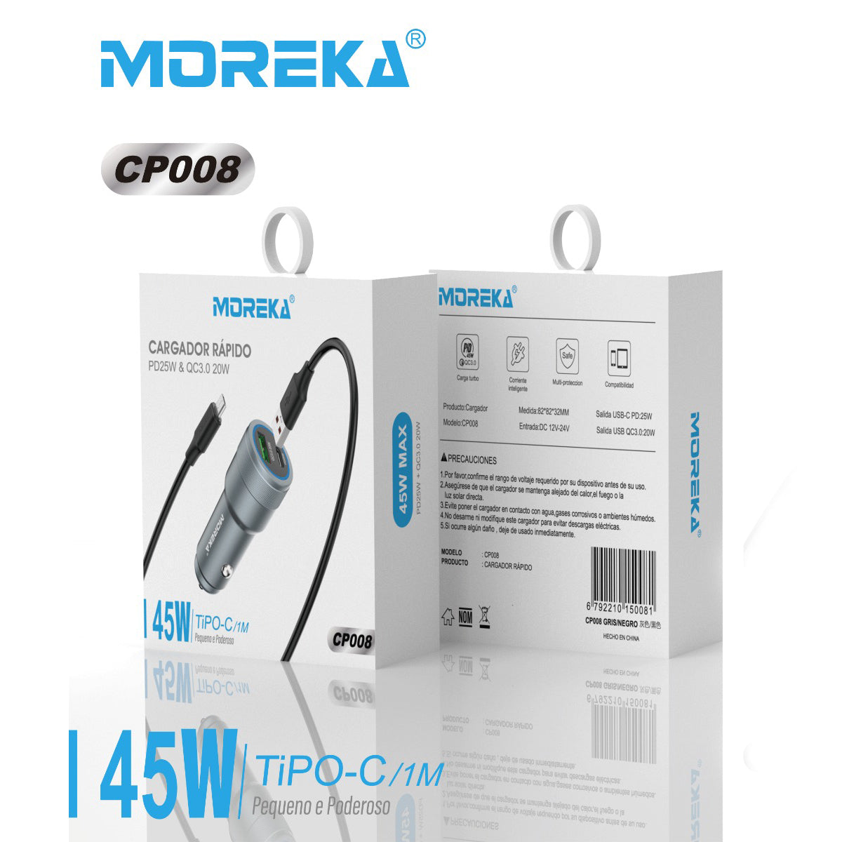 Cargador De Carro Moreka CP068 Plug In 45W USB y Tipo C