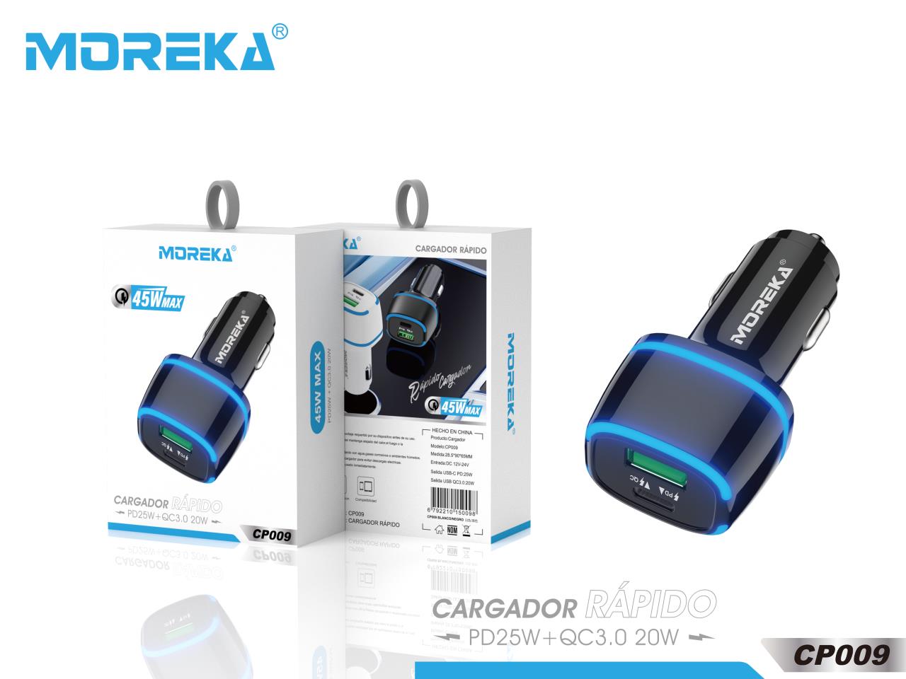 Turbo Cargador De Carro 45W Moreka CP009 PlugIn puertos USB y C