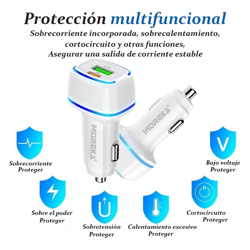 Cargador De Carro Moreka CP010 PlugIn 45W puertos USB y C