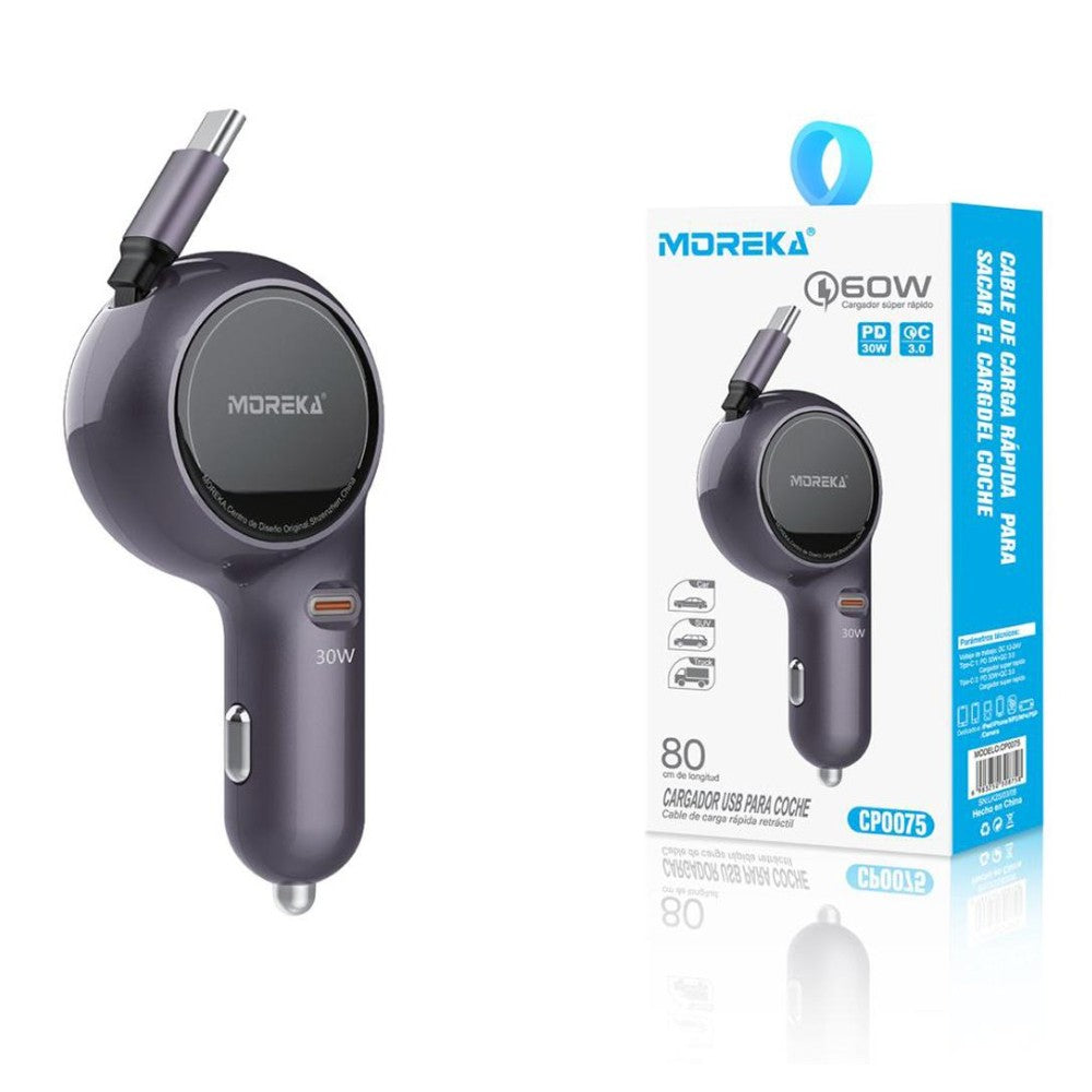 Cargador De Carro retráctil Moreka CP0075 Plug In 60w tipo C 80cm
