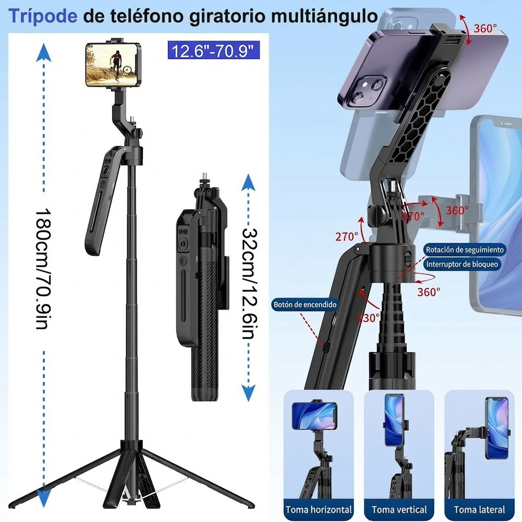Trípode de seguimiento automático por IA, rotación de 360°, extensible hasta 1.80mts C12