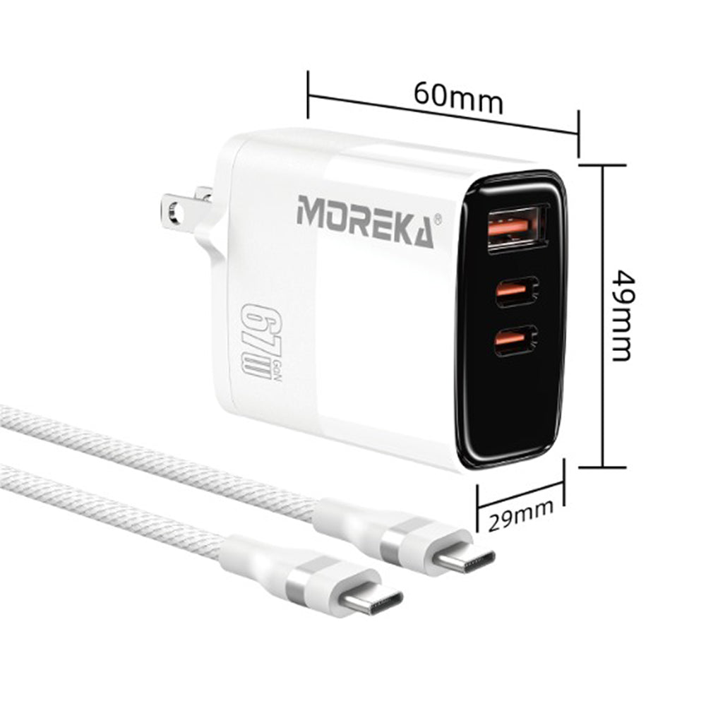 Cargador 67W GaN 5V- 3A 3 Puertos C1 C2 cable tipo C Moreka DHJ41
