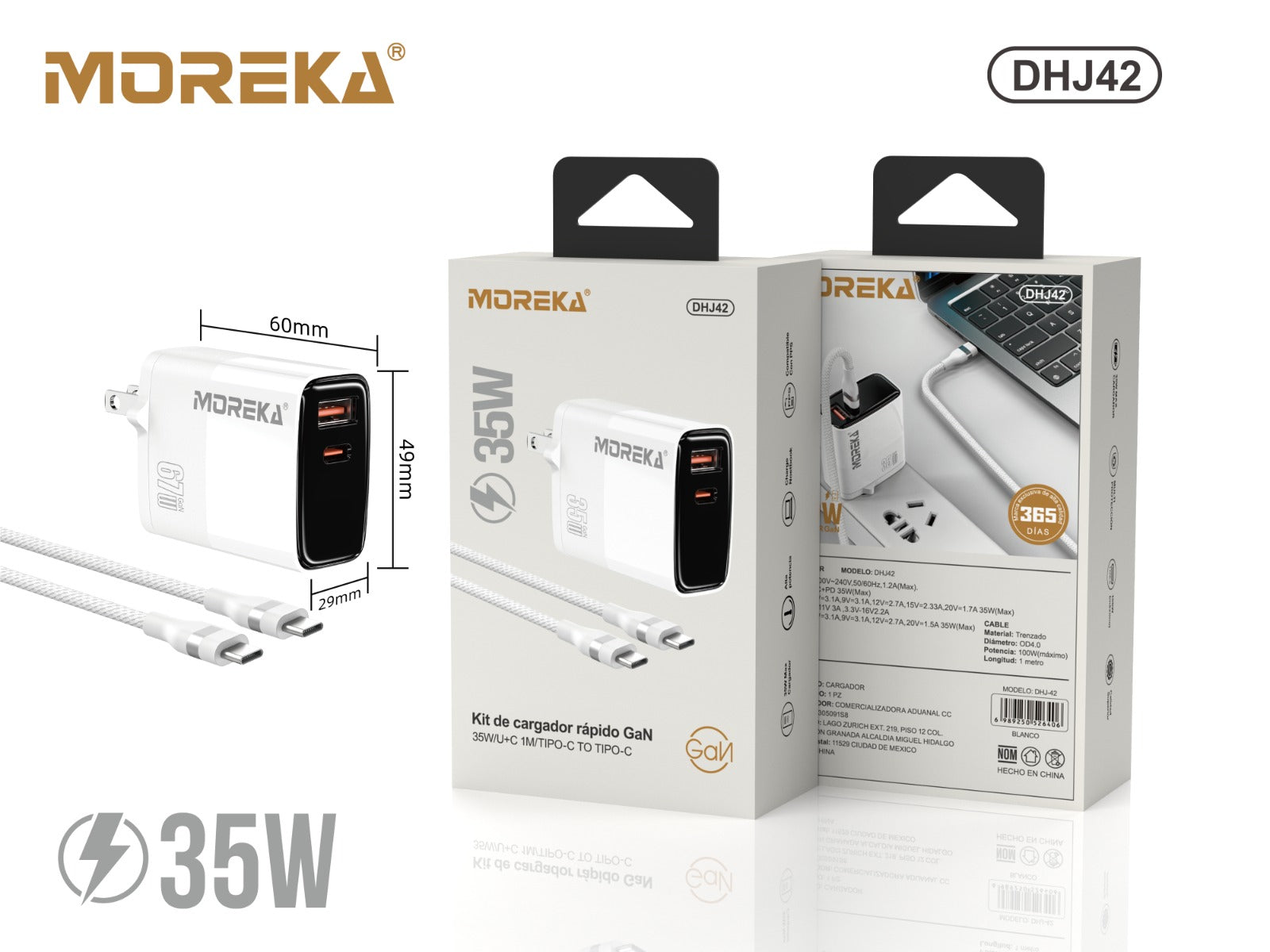 Cargador 67W GaN 5V- 3A 3 Puertos C1 C2 cable tipo C Moreka DHJ41
