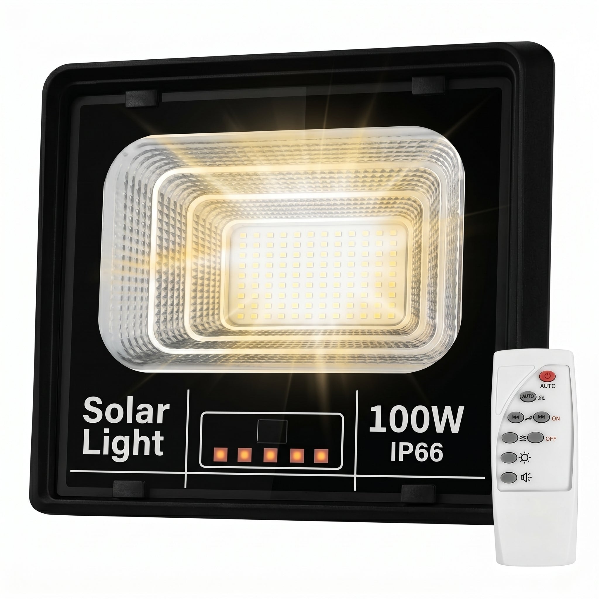 Lámpara Solar 100W MS-100W para Exterior Ilumina Toda la Noche sin Cableado Control Remoto IP66 Resistente a Lluvia y Polvo Ahorro Energético para Jardín o Garaje