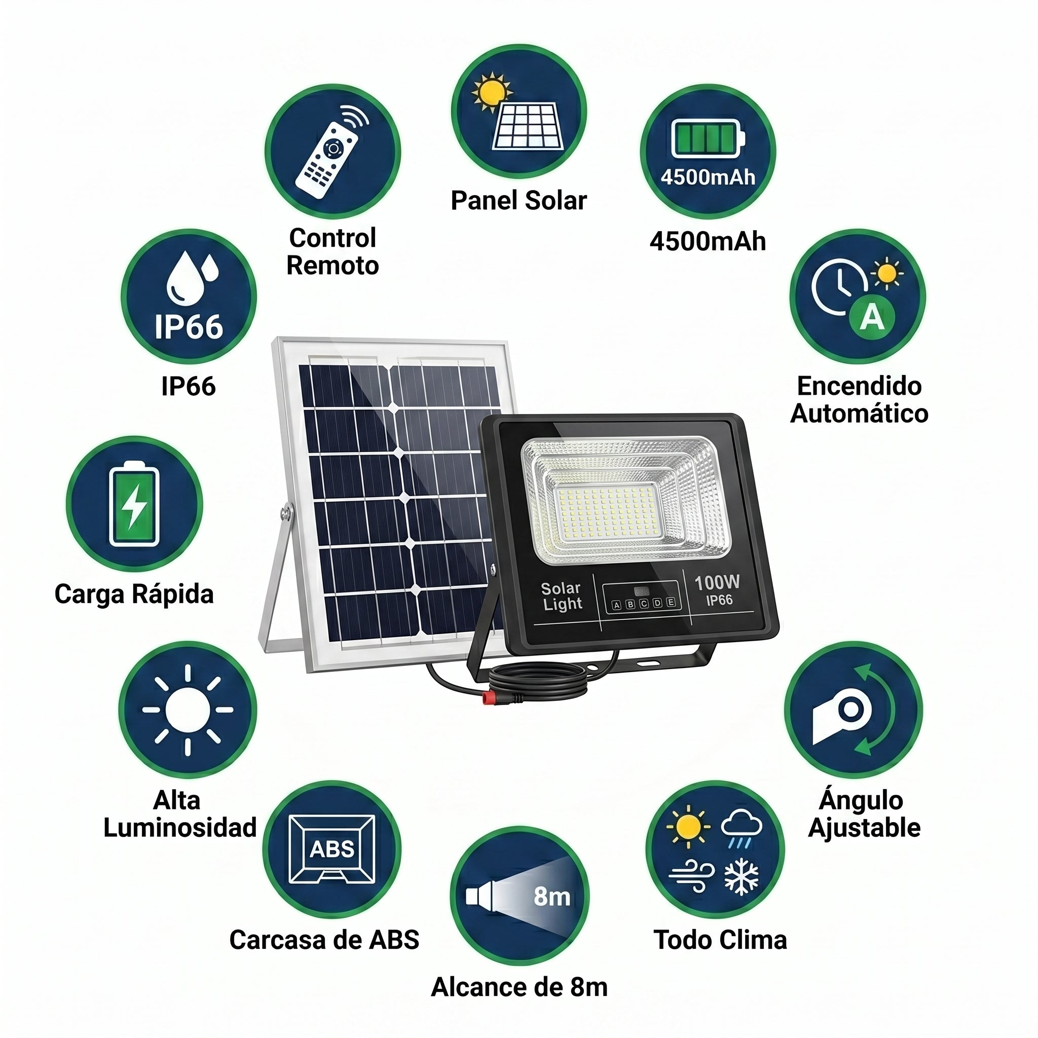 Lámpara Solar 100W MS-100W para Exterior Ilumina Toda la Noche sin Cableado Control Remoto IP66 Resistente a Lluvia y Polvo Ahorro Energético para Jardín o Garaje