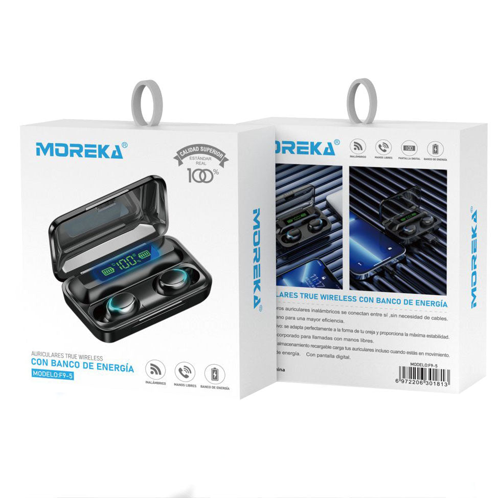 Audífonos Bluetooth 5.0, Moreka F9 5, TWS, Power Bank básico