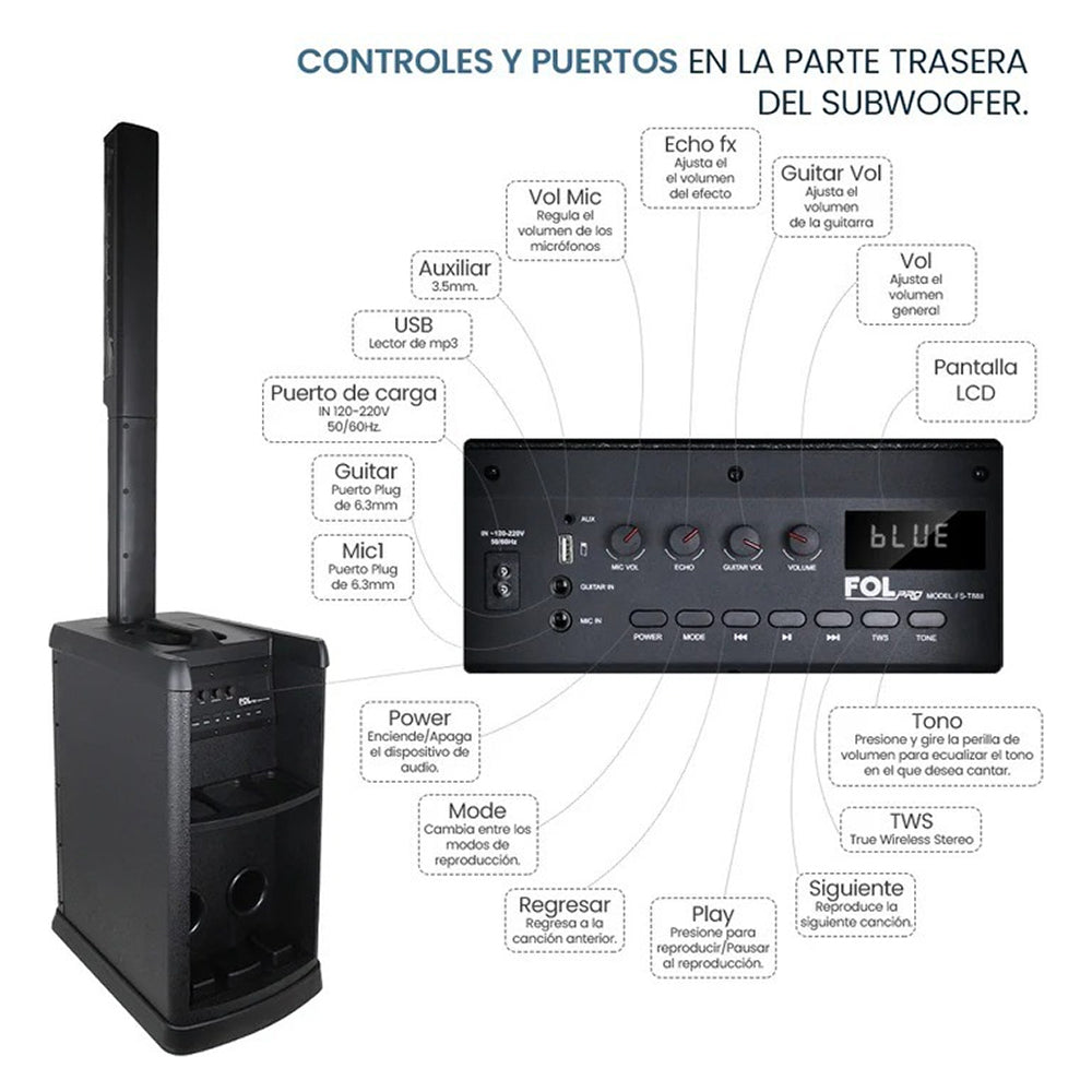 Torre De Audio Con Subwoofer 10 pulgadas más 6 bocinas 420W FS-T888