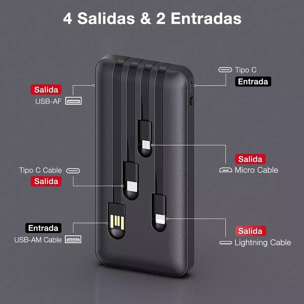 Power Bank Moreka K050 10000 cables C USB AM Lightning y Micro USB