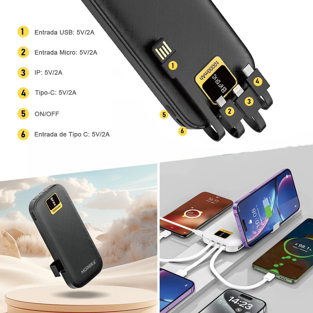 Power Bank Moreka K050A 10000 mAh 37Wh  cables C USB AM Lightning yMicro USB