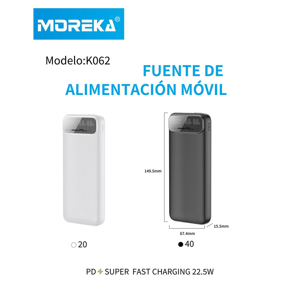 Powerbank Moreka K062 10000 mAh Tipo C IP Carga Rápida 22.5W