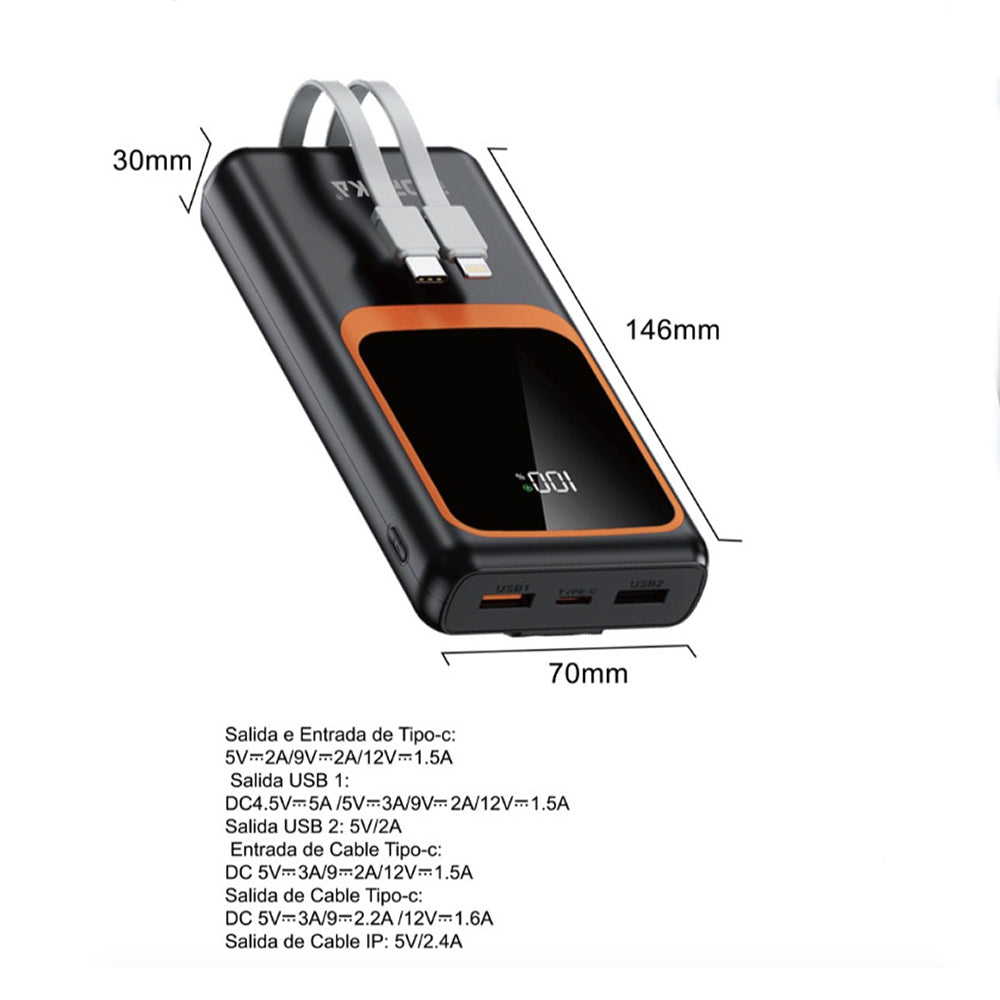 Power Bank Moreka K089 20000 mAh 74W cable tipo C y tipo IP