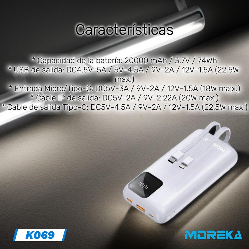 Powerbank Moreka K069 20000 mAh 22.5W Tipo C IP