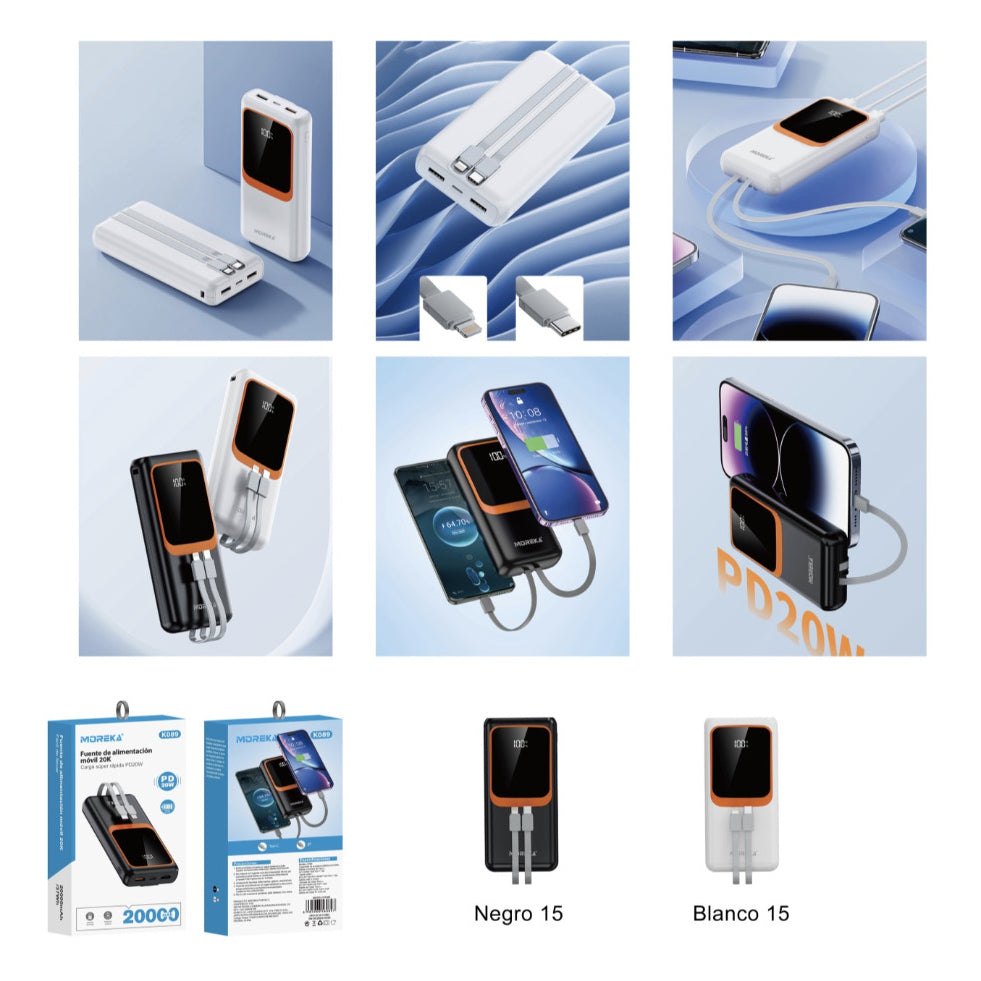 Power Bank Moreka K089 20000 mAh 74W cable tipo C y tipo IP