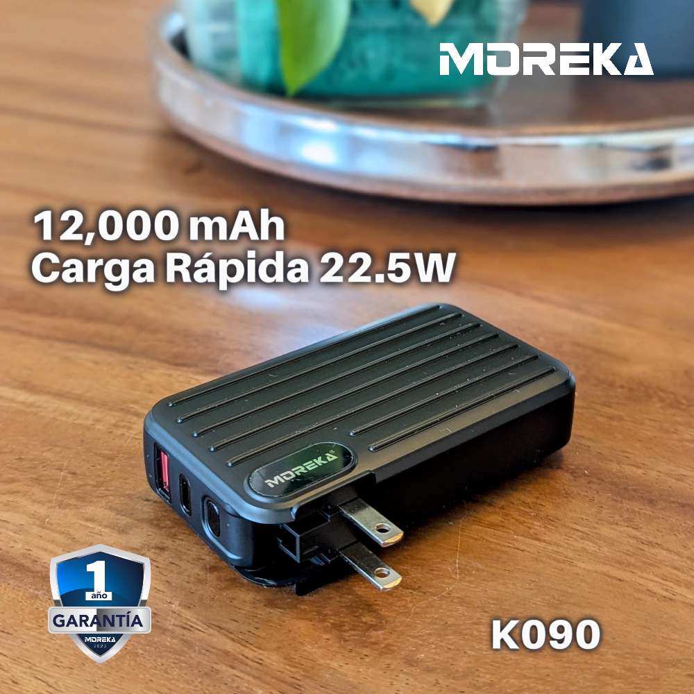 Power Bank Moreka K090 12000 mAh 22.5W cable tipo C y tipo IP clavija plegable