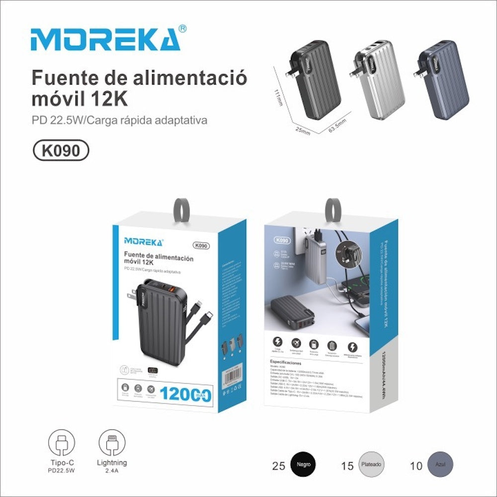 Power Bank Moreka K090 12000 mAh 22.5W cable tipo C y tipo IP clavija plegable