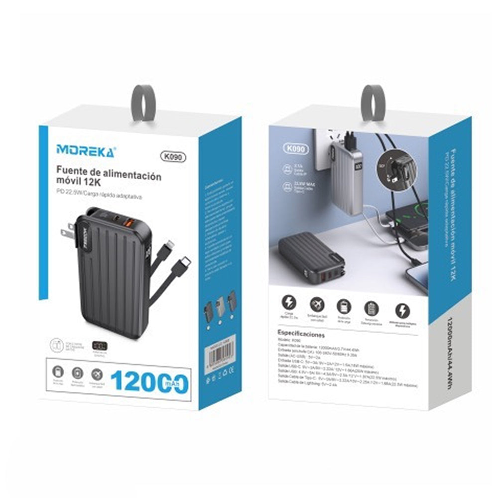 Power Bank Moreka K090 12000 mAh 22.5W cable tipo C y tipo IP clavija plegable