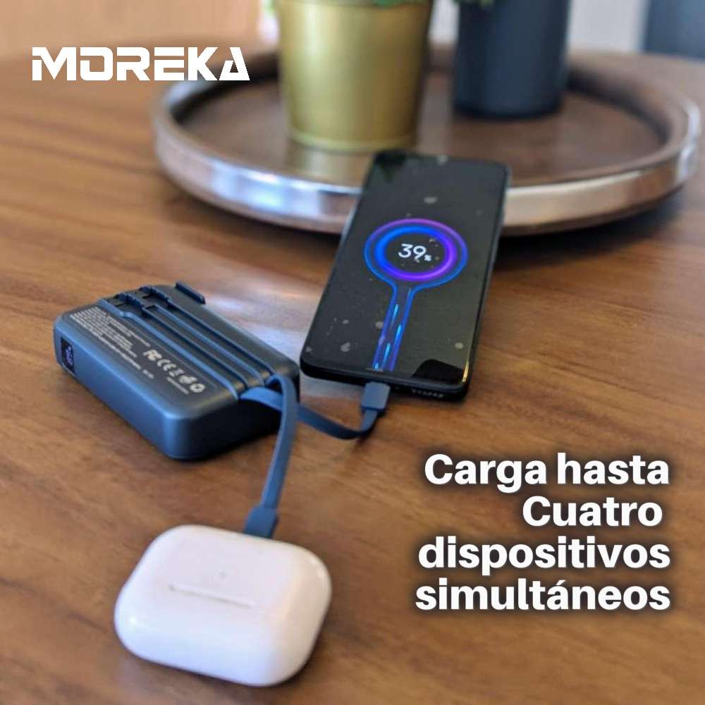 Power Bank Moreka K090 12000 mAh 22.5W cable tipo C y tipo IP clavija plegable