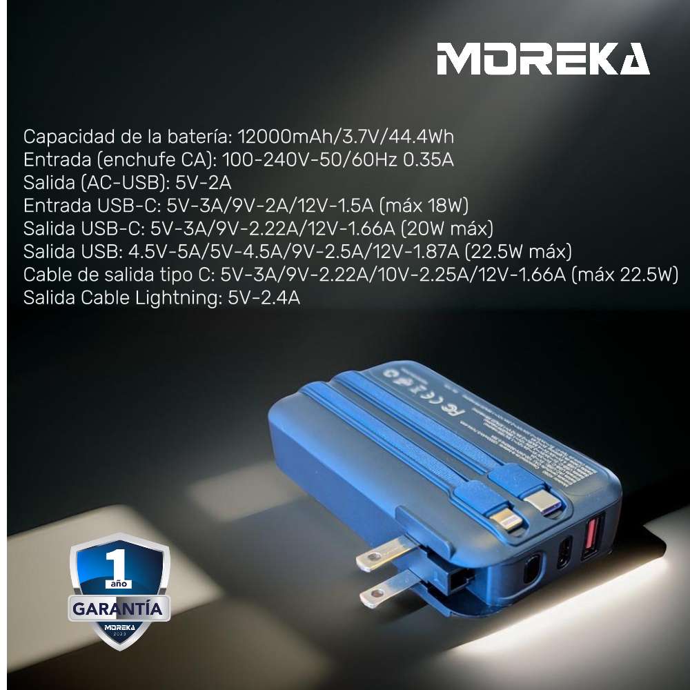 Power Bank Moreka K090 12000 mAh 22.5W cable tipo C y tipo IP clavija plegable