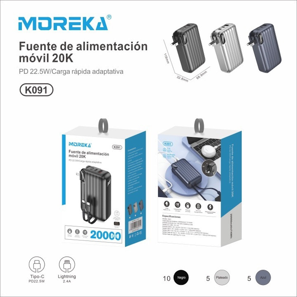 Power Bank Moreka K091 20000 mAh 22.5W cable tipo C y tipo IP clavija plegable