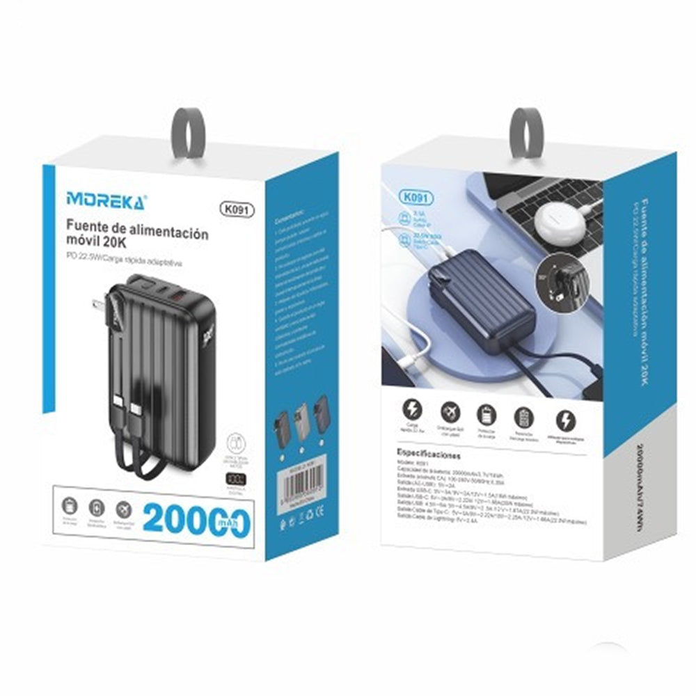 Power Bank Moreka K091 20000 mAh 22.5W cable tipo C y tipo IP clavija plegable