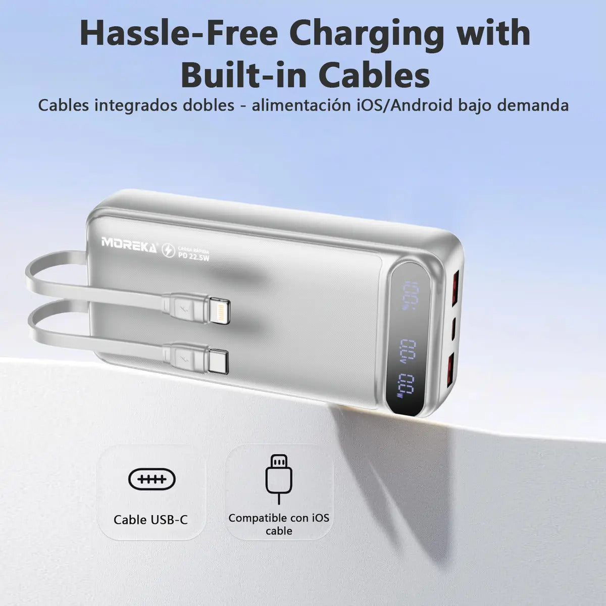 Power Bank Moreka K093 10000mAh con 3 Cables Integrados (1 x Type-C Entrada y Salida + 1 x Cable para iPhone + 1 x USB) Pantalla LED Digital Carga Inteligente
