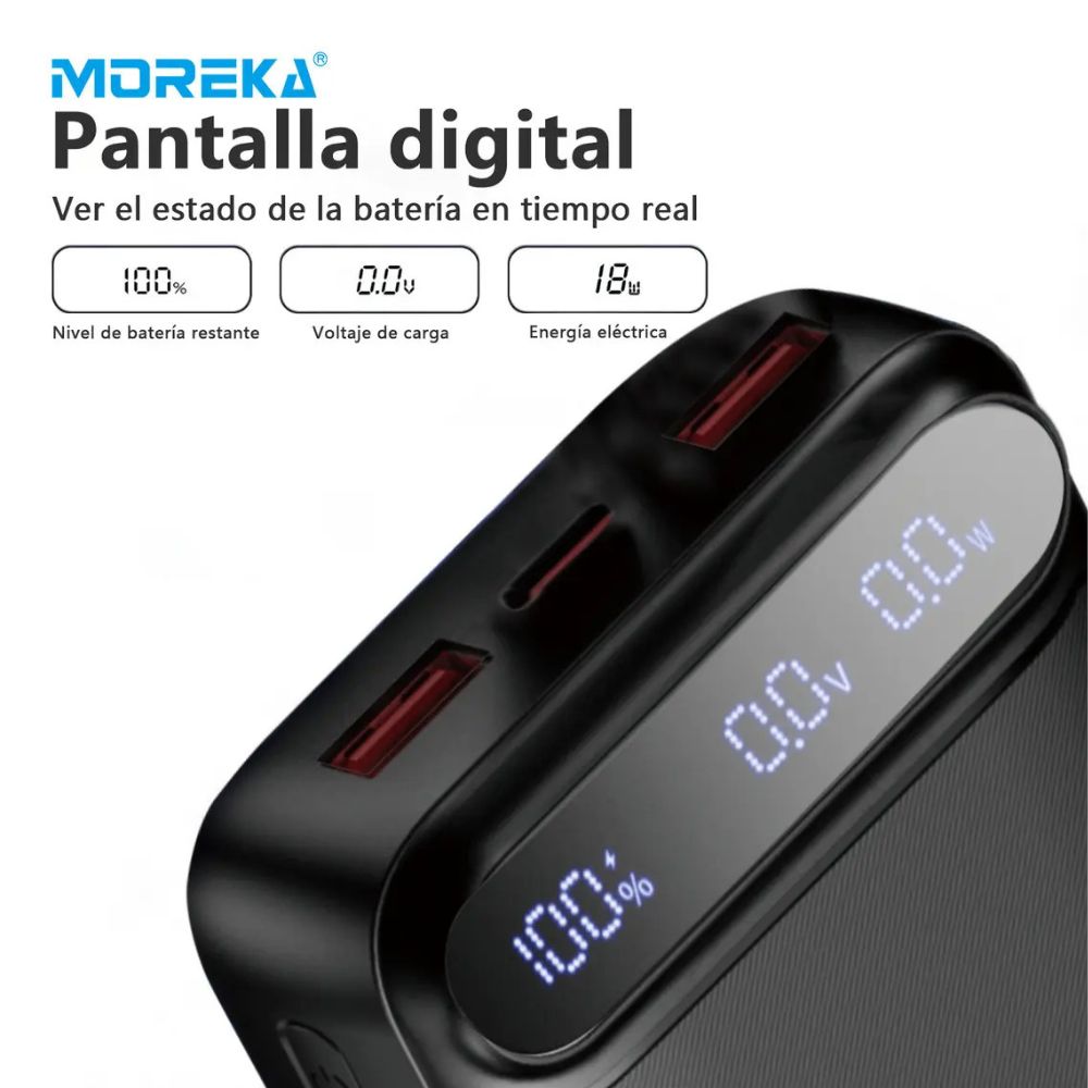 Power Bank Moreka K093 10000mAh con 3 Cables Integrados (1 x Type-C Entrada y Salida + 1 x Cable para iPhone + 1 x USB) Pantalla LED Digital Carga Inteligente
