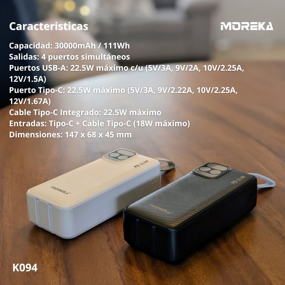 Power Bank Moreka K094 30000mAh 22.5W Cables C Lightning V8