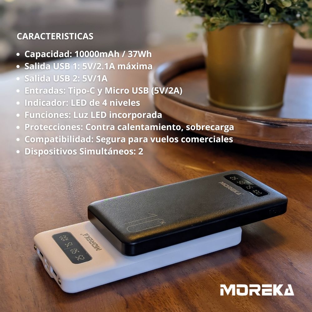 Power Bank Moreka K102 10000mAh 37Wh Linterna compacta ligera