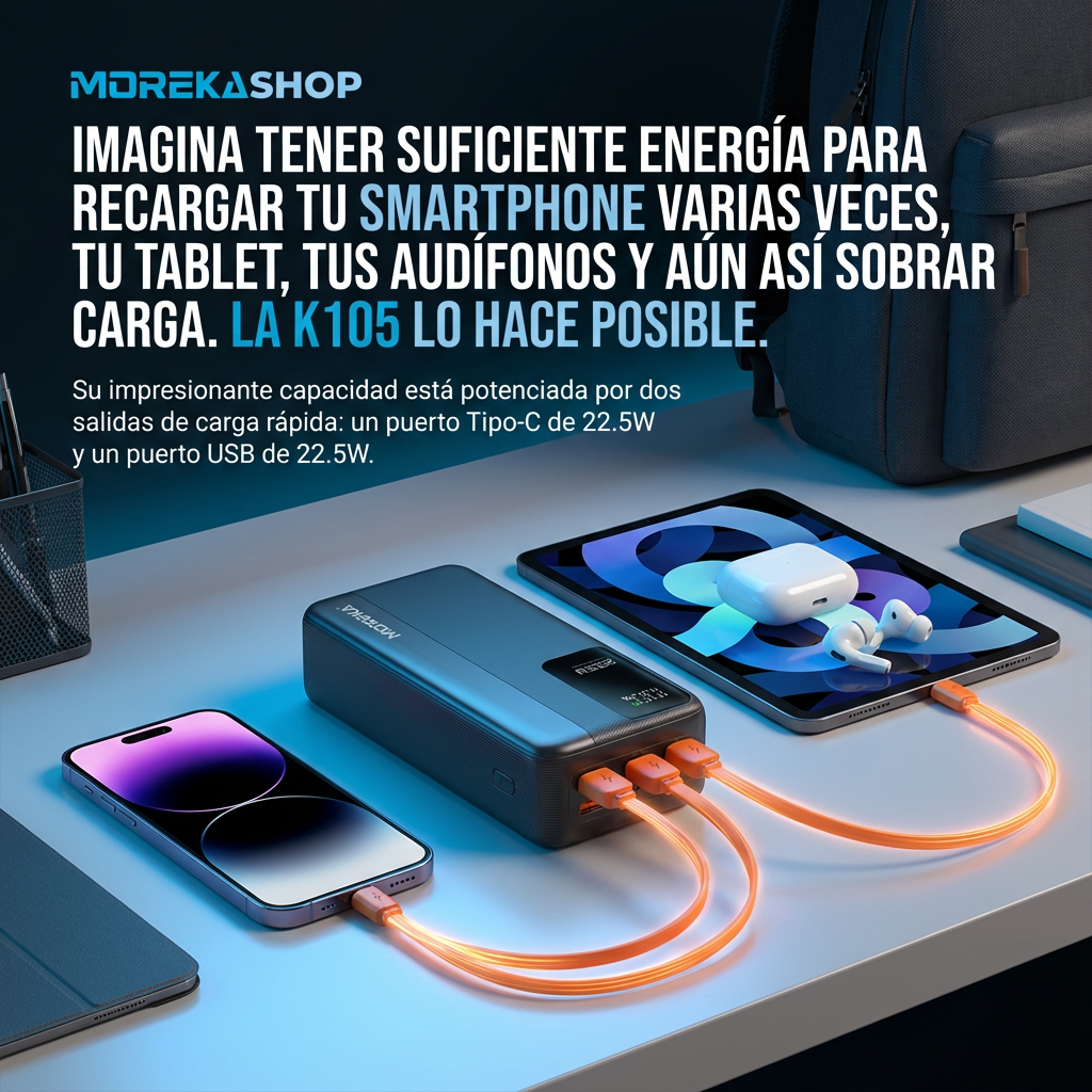 Power Bank Moreka K105 30000mAh 22.5W Cables C Lightning